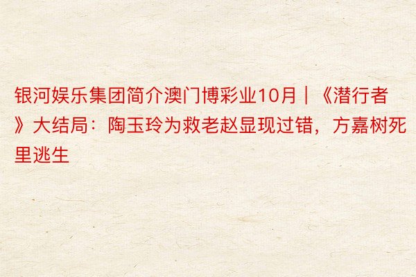 银河娱乐集团简介澳门博彩业10月 | 《潜行者》大结局：陶玉玲为救老赵显现过错，方嘉树死里逃生